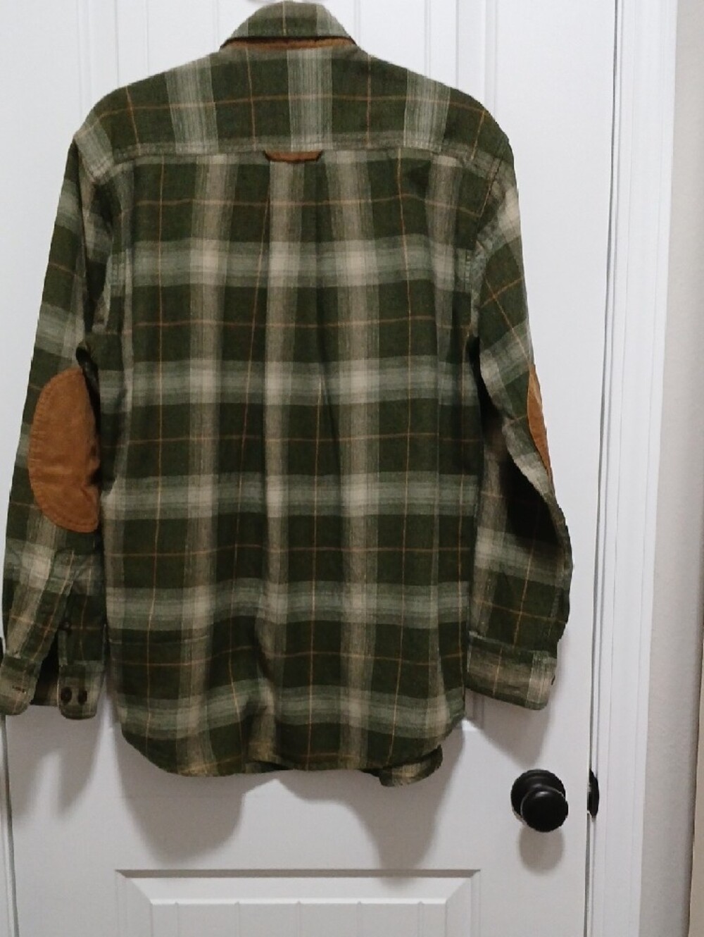Orvis Olive and Cream Plaid Flannel Shirt with Brown Elbow Patches - Picture 7 of 7